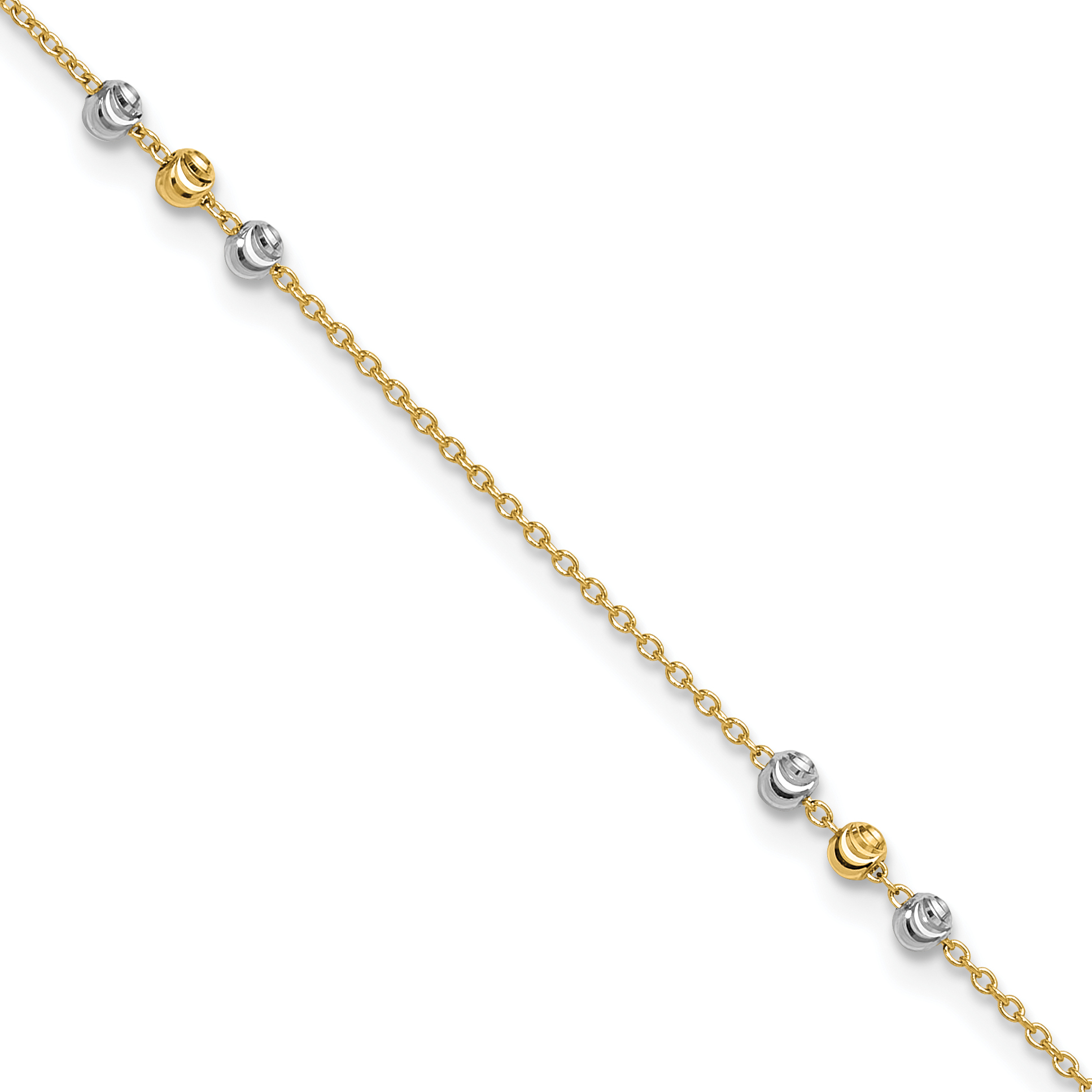 14K Two-tone Polished Diamond-cut Beaded 4-Station 9 inch Anklet Plus 1 inch Extender (ANK330-9)