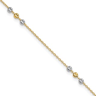 14K Two-tone Diamond-cut Beaded 4-Station 9 inch Plus 1 inch Extender - Total 10 inch Anklet