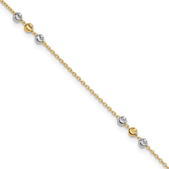 14K Two-tone Diamond-cut Beaded 4-Station 9 inch Plus 1 inch Extender - Total 10 inch Anklet