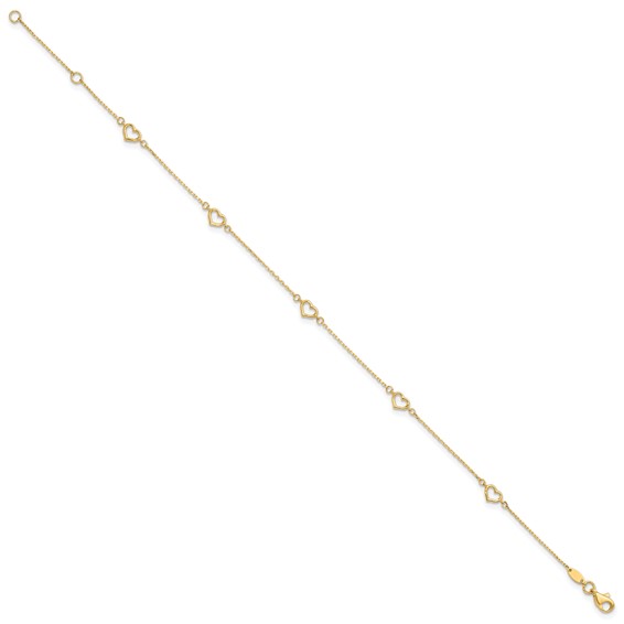 14K Open Heart and Chain 5-Station 9 inch Plus 1 inch Extender - Total 10 inch Anklet