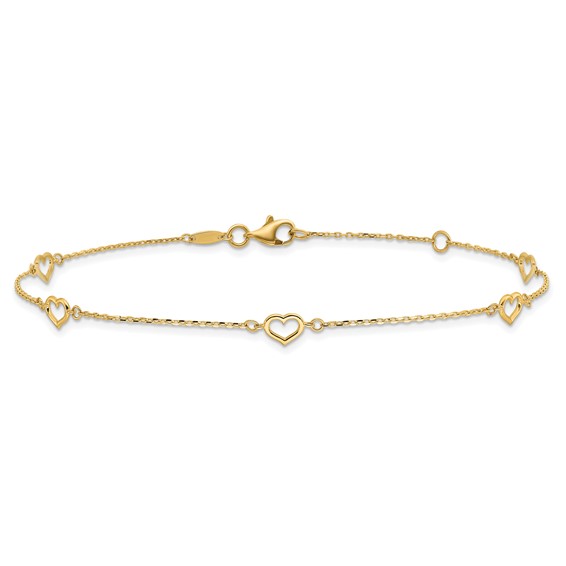 14K Open Heart and Chain 5-Station 9 inch Plus 1 inch Extender - Total 10 inch Anklet
