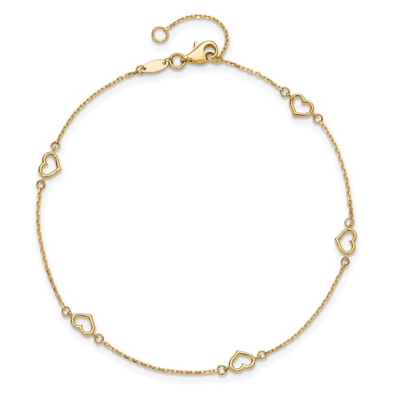 14K Open Heart and Chain 5-Station 9 inch Plus 1 inch Extender - Total 10 inch Anklet