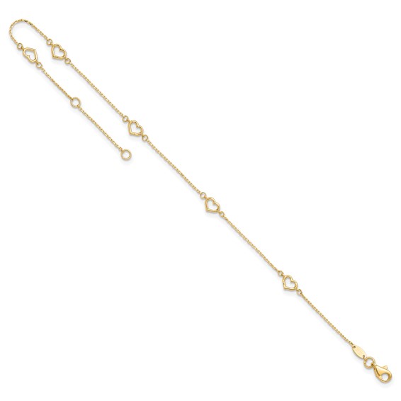 14K Open Heart and Chain 5-Station 9 inch Plus 1 inch Extender - Total 10 inch Anklet