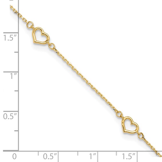 14K Open Heart and Chain 5-Station 9 inch Plus 1 inch Extender - Total 10 inch Anklet