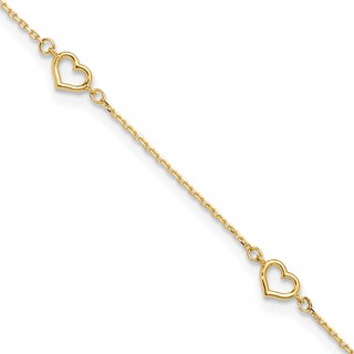 14K Open Heart and Chain 5-Station 9 inch Plus 1 inch Extender - Total 10 inch Anklet