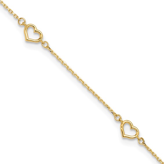 14K Open Heart and Chain 5-Station 9 inch Plus 1 inch Extender - Total 10 inch Anklet