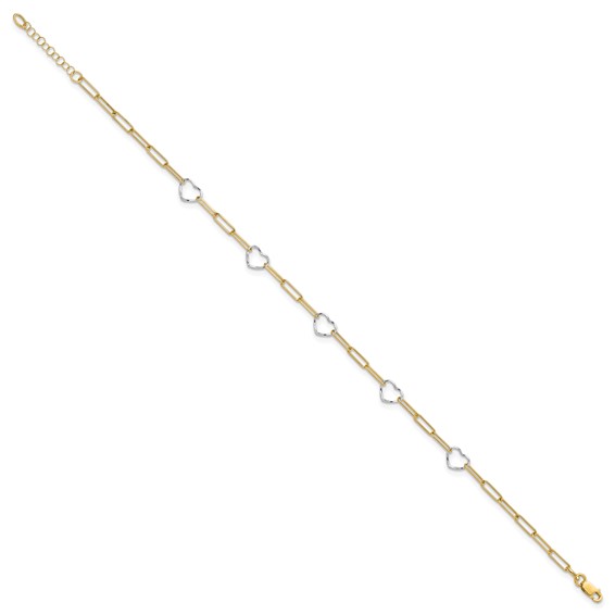 14K Two-tone 5 Hearts and Paperclip Links 9 inch Plus 1 inch Extender - Total 10 inch Anklet