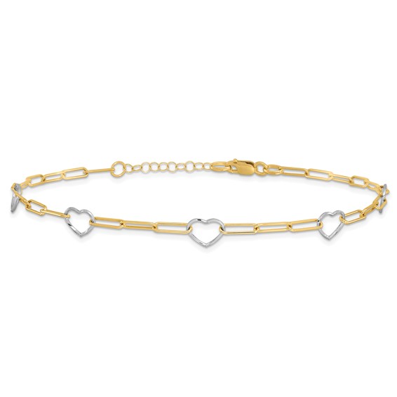 14K Two-tone 5 Hearts and Paperclip Links 9 inch Plus 1 inch Extender - Total 10 inch Anklet