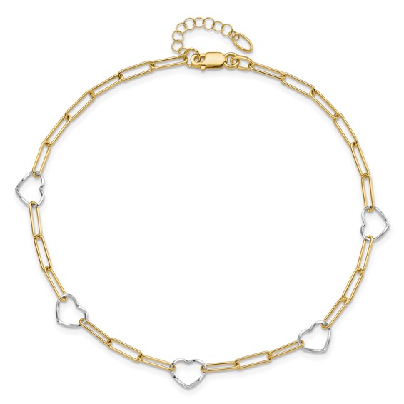 14K Two-tone 5 Hearts and Paperclip Links 9 inch Plus 1 inch Extender - Total 10 inch Anklet