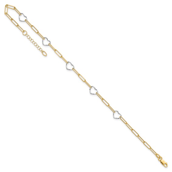 14K Two-tone 5 Hearts and Paperclip Links 9 inch Plus 1 inch Extender - Total 10 inch Anklet