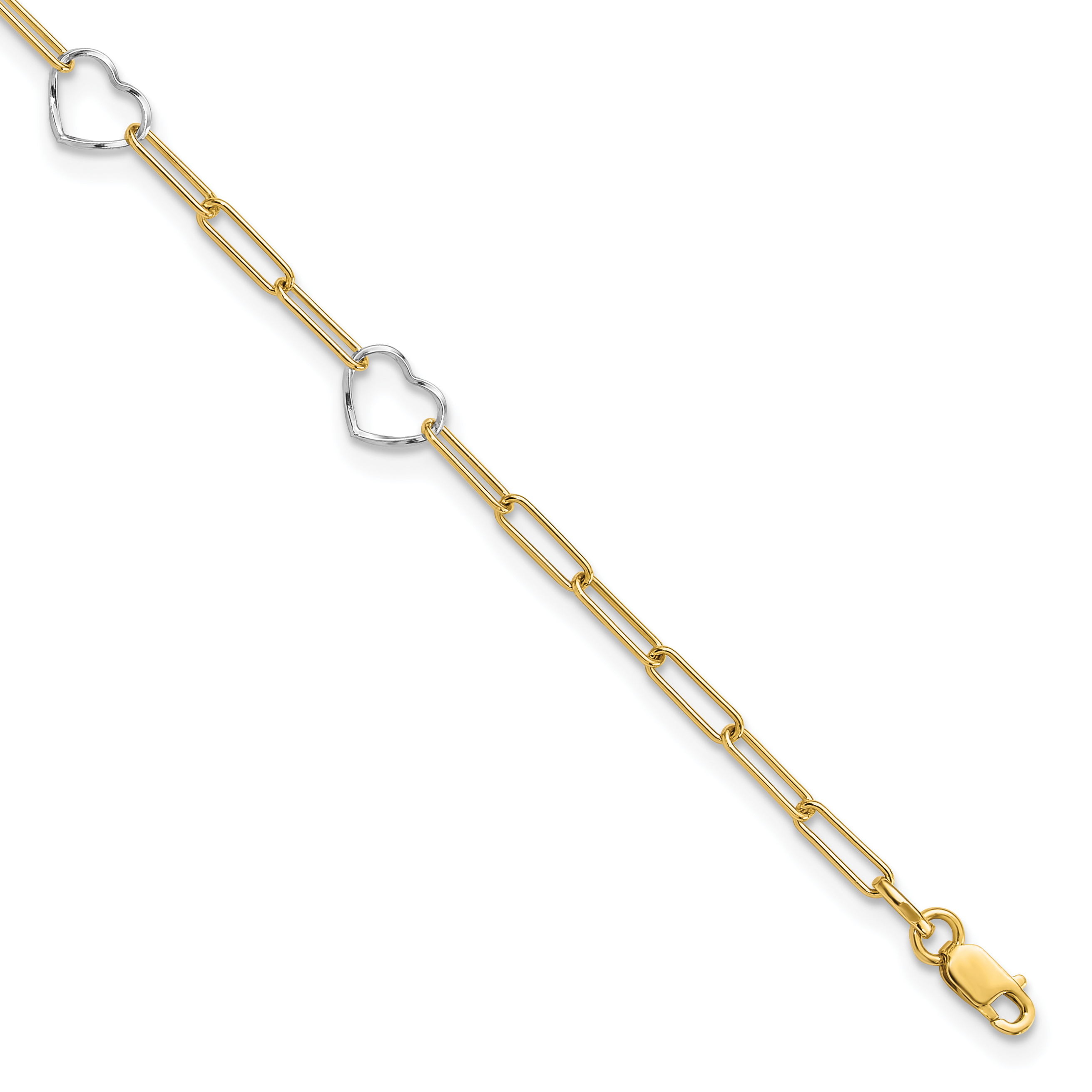 14K Two-tone 5 Hearts and Paperclip Links 9 inch Anklet Plus 1 inch Extender (ANK335-9)