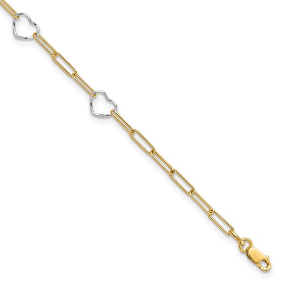 14K Two-tone 5 Hearts and Paperclip Links 9 inch Plus 1 inch Extender - Total 10 inch Anklet