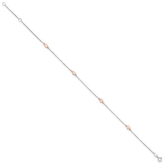 14K Two-tone White and Rose Satin Hearts 4-Station 9 inch Plus 1 inch Extender - Total 10 inch Anklet