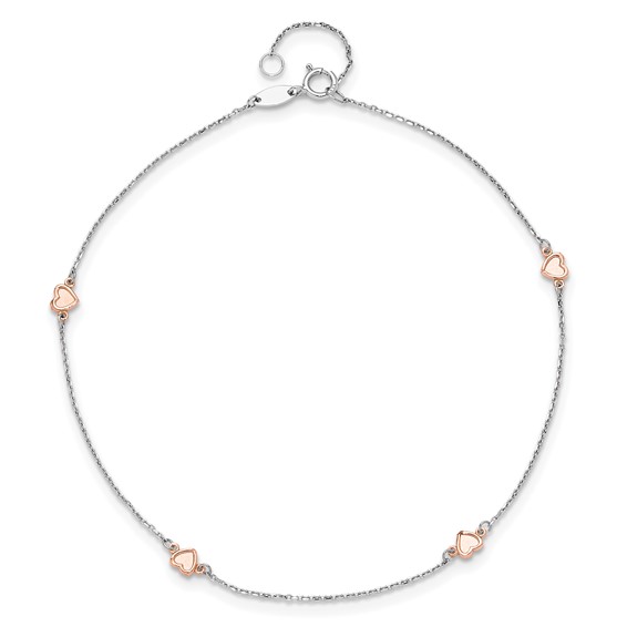 14K Two-tone White and Rose Satin Hearts 4-Station 9 inch Plus 1 inch Extender - Total 10 inch Anklet
