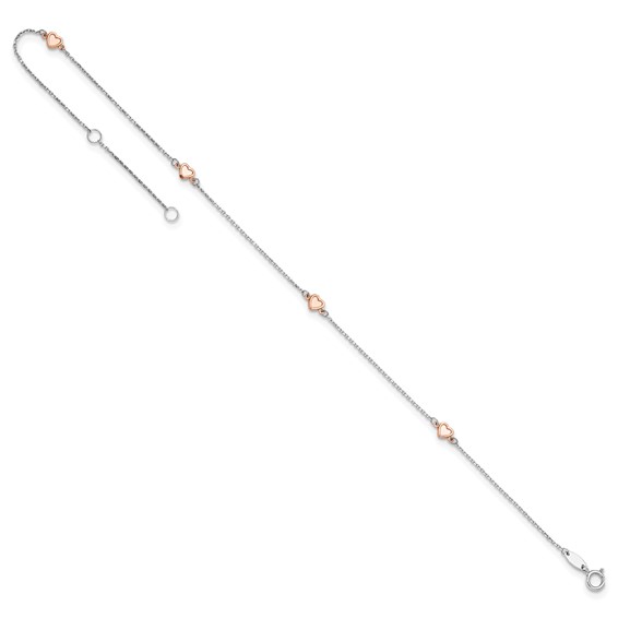 14K Two-tone White and Rose Satin Hearts 4-Station 9 inch Plus 1 inch Extender - Total 10 inch Anklet