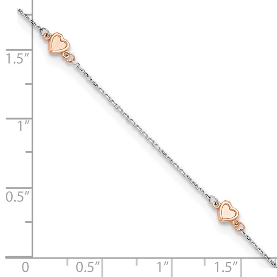 14K Two-tone White and Rose Satin Hearts 4-Station 9 inch Plus 1 inch Extender - Total 10 inch Anklet