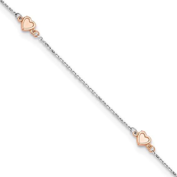 14K Two-tone White and Rose Satin Hearts 4-Station 9 inch Plus 1 inch Extender - Total 10 inch Anklet