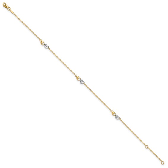 14k Two-tone Diamond-cut Double Hearts 3-Station 9 inch Plus 1 inch Extender - Total 10 inch Anklet