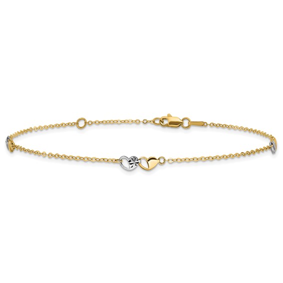 14k Two-tone Diamond-cut Double Hearts 3-Station 9 inch Plus 1 inch Extender - Total 10 inch Anklet