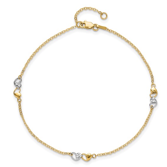 14k Two-tone Diamond-cut Double Hearts 3-Station 9 inch Plus 1 inch Extender - Total 10 inch Anklet