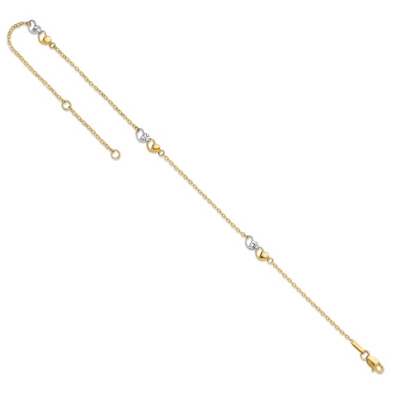 14k Two-tone Diamond-cut Double Hearts 3-Station 9 inch Plus 1 inch Extender - Total 10 inch Anklet