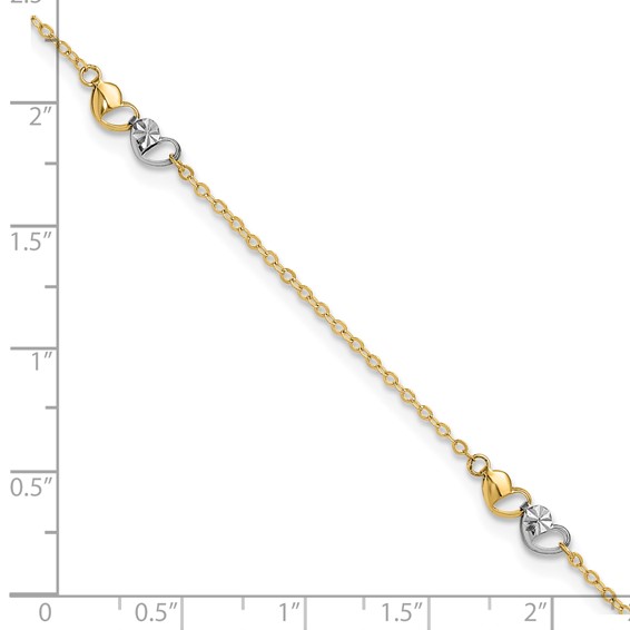 14k Two-tone Diamond-cut Double Hearts 3-Station 9 inch Plus 1 inch Extender - Total 10 inch Anklet