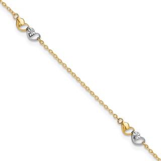 14k Two-tone Diamond-cut Double Hearts 3-Station 9 inch Plus 1 inch Extender - Total 10 inch Anklet