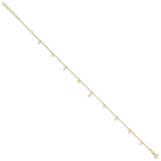 14K Polished Dangle Crosses and Circles 9 inch Plus 2 in Extender - Total 11 inch Anklet