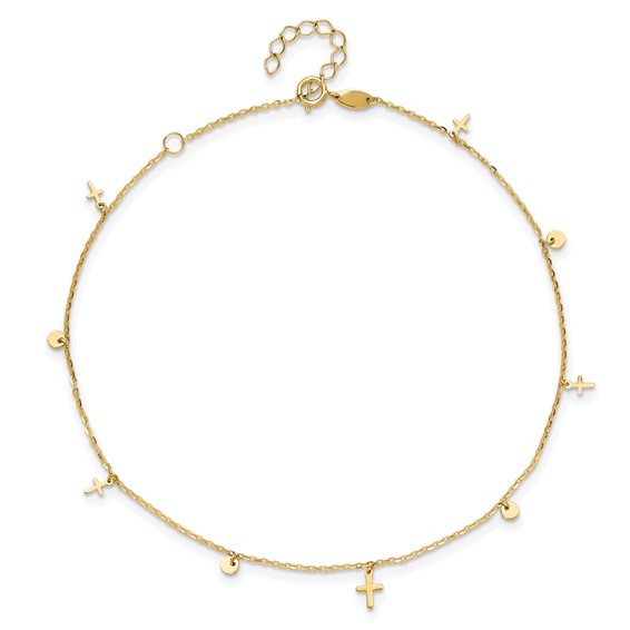 14K Polished Dangle Crosses and Circles 9 inch Plus 2 in Extender - Total 11 inch Anklet