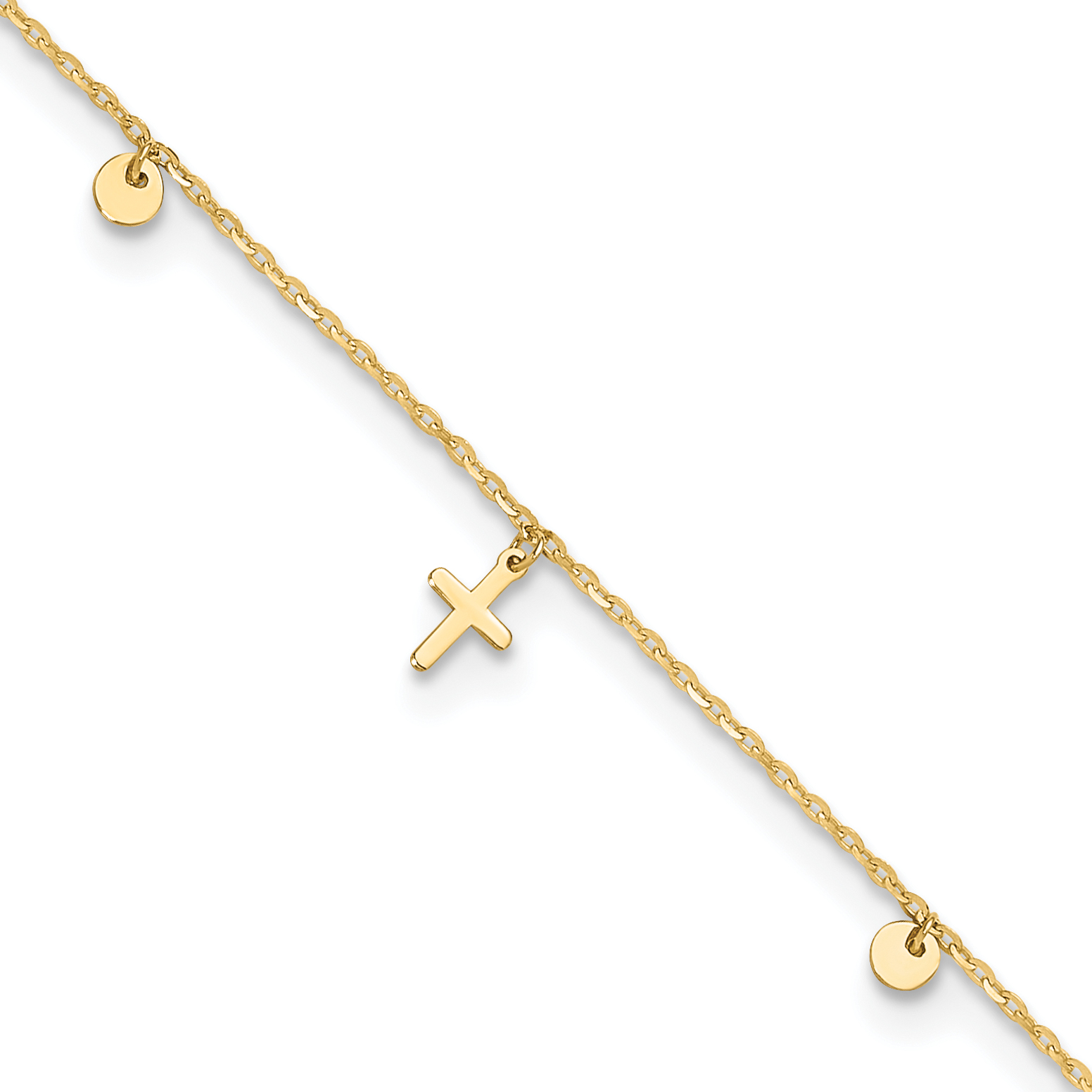 14K Polished Dangle Crosses and Circles 9 inch Anklet Plus 2 in Extender (ANK341-9)