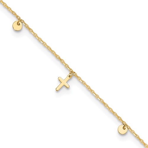 14K Polished Crosses 9in Plus 2in ext. Anklet