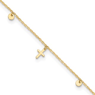 14K Polished Dangle Crosses and Circles 9 inch Plus 2 in Extender - Total 11 inch Anklet