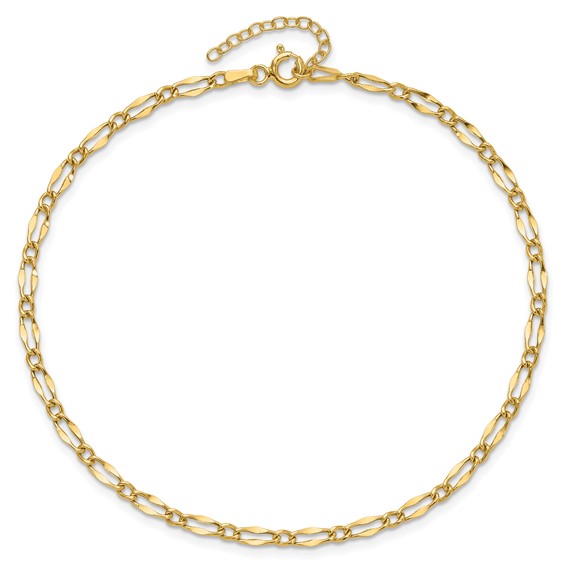 14K Polished Fancy Link Chain 9 inch Plus 1 inch Extender - Total 10 inch Anklet