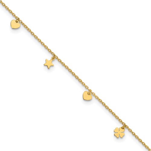 14K Polished Stars Hearts & Clovers 9in Plus 1in extension Anklet