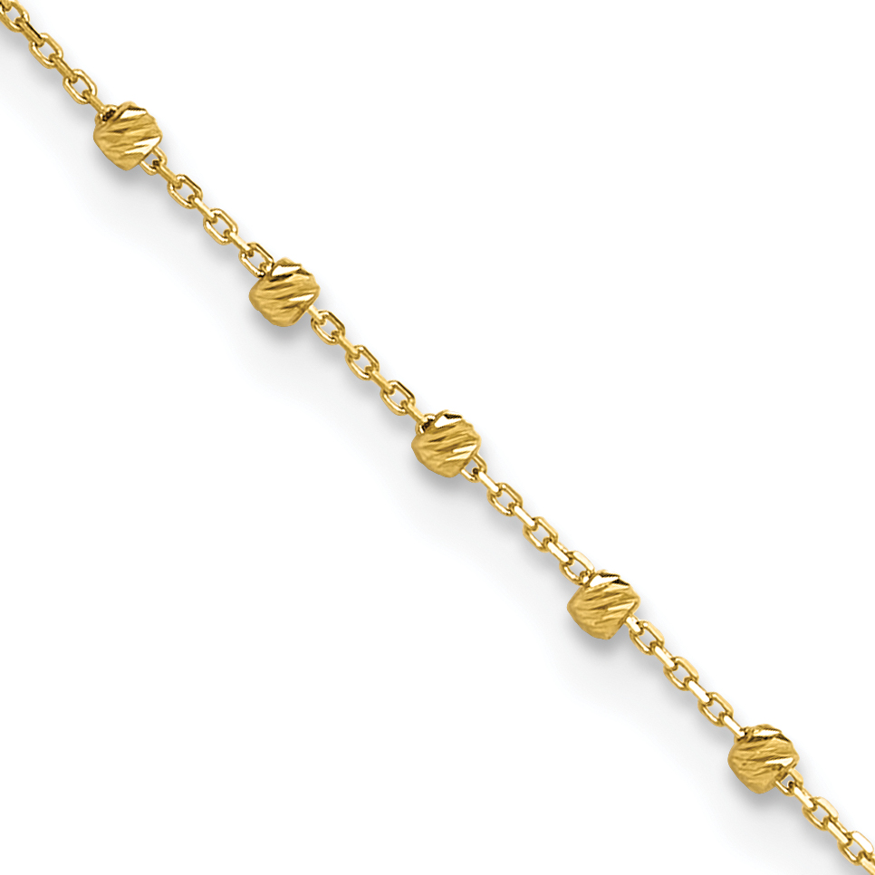 14K Polished Diamond-cut Bead and Chain 9 inch Anklet Plus 0.75 inch Extender (ANK348-9)