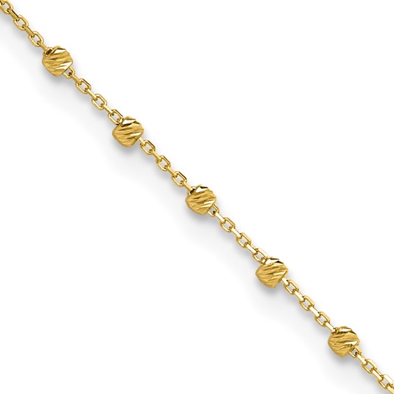 14K Diamond-cut Bead and Chain 9 inch Plus 0.75 inch Extender - Total 9.75 inch Anklet