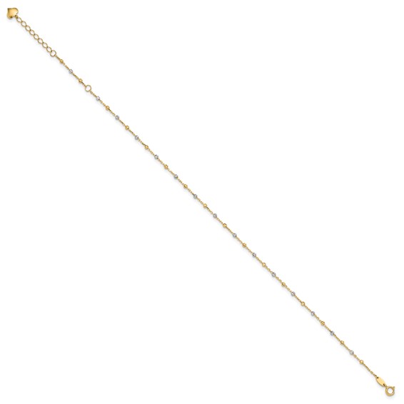 14K Two-tone Diamond-cut Bead 10 inch Plus 1 inch Extender - Total 11 inch Anklet