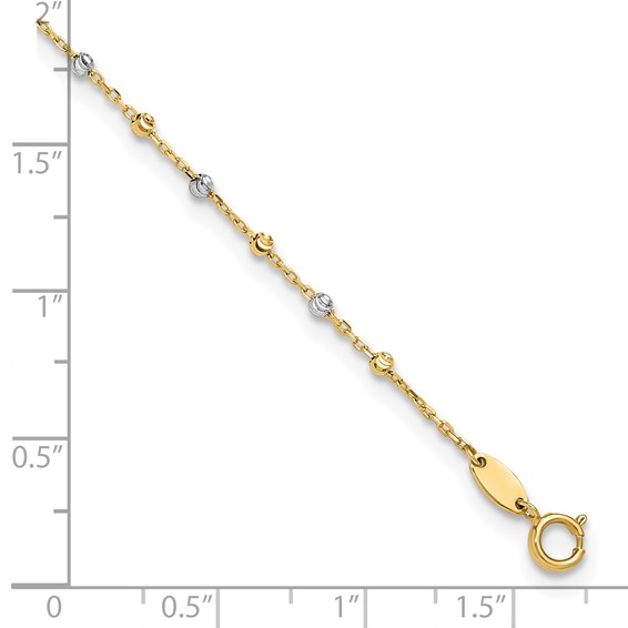 14K Two-tone Diamond-cut Bead 10 inch Plus 1 inch Extender - Total 11 inch Anklet