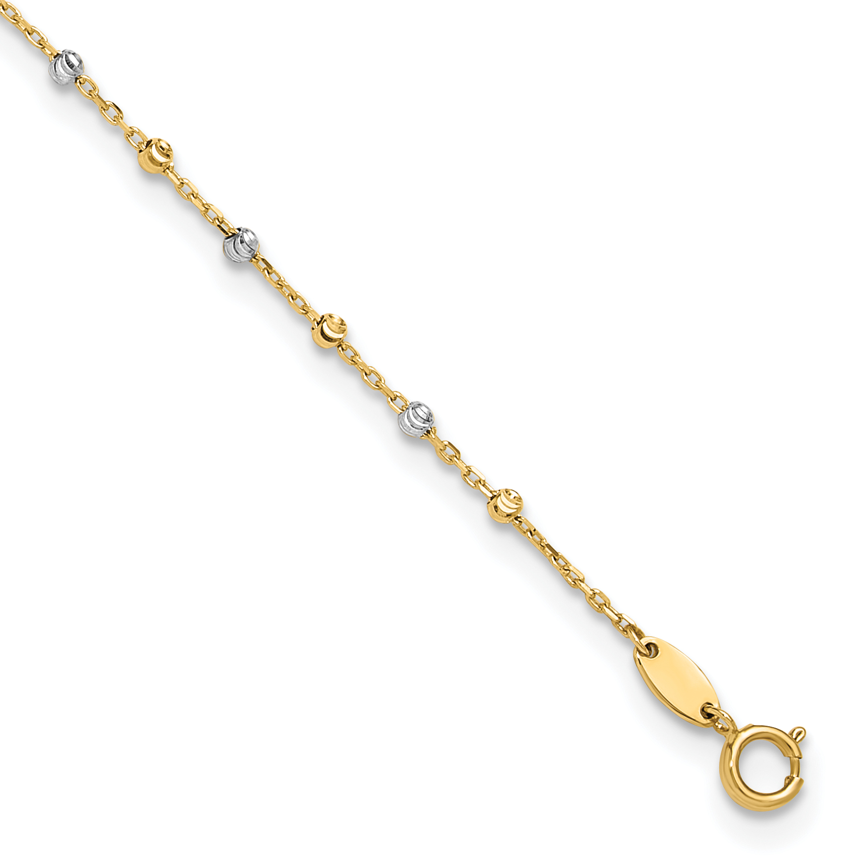 14K Two-tone Polished Diamond-cut Bead and Chain 10 inch Anklet Plus 1 inch Heart Dangle Extender (ANK349-10)