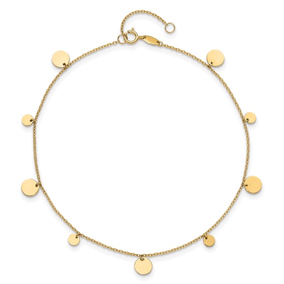 14K Polished Circle Dangles 9 inch Plus 1 inch Extender - Total 10 inch Anklet