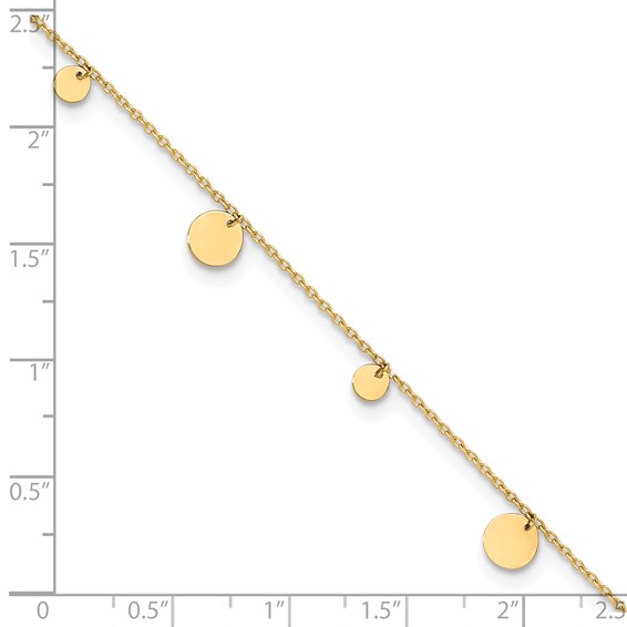 14K Polished Circle Dangles 9 inch Plus 1 inch Extender - Total 10 inch Anklet