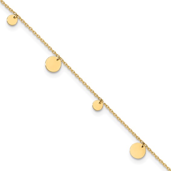 14K Polished Circle Dangles 9 inch Plus 1 inch Extender - Total 10 inch Anklet