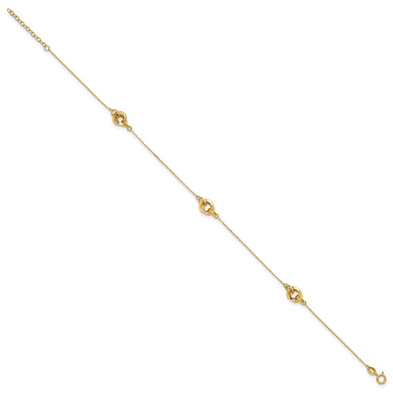 14K Polished Three Station Fancy Link 9in Plus 1in extension Anklet