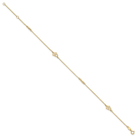 14k Polished Double Hearts and Infinity 9 inch Plus 1 inch Extender - Total 10 inch Anklet