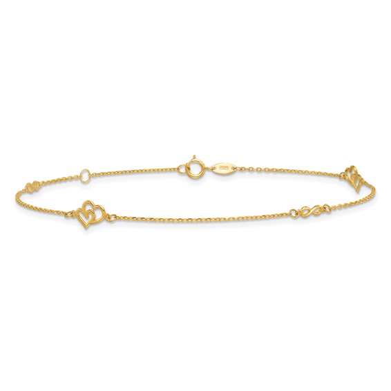 14k Polished Double Hearts and Infinity 9 inch Plus 1 inch Extender - Total 10 inch Anklet