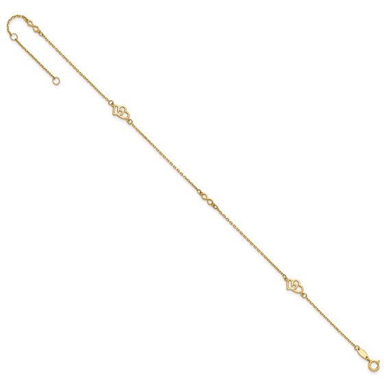 14k Polished Double Hearts and Infinity 9 inch Plus 1 inch Extender - Total 10 inch Anklet