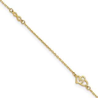 14k Polished Double Hearts and Infinity 9 inch Plus 1 inch Extender - Total 10 inch Anklet