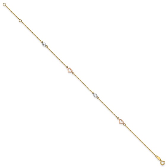 14k Tri-color Polished Hearts and Circles 9 inch Plus 1 inch Extender - Total 10 inch Anklet