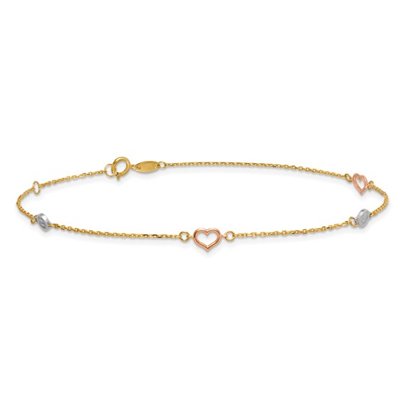 14k Tri-color Polished Hearts and Circles 9 inch Plus 1 inch Extender - Total 10 inch Anklet
