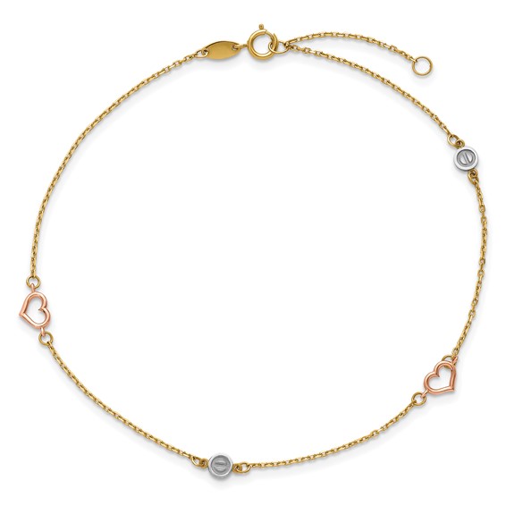 14k Tri-color Polished Hearts and Circles 9 inch Plus 1 inch Extender - Total 10 inch Anklet